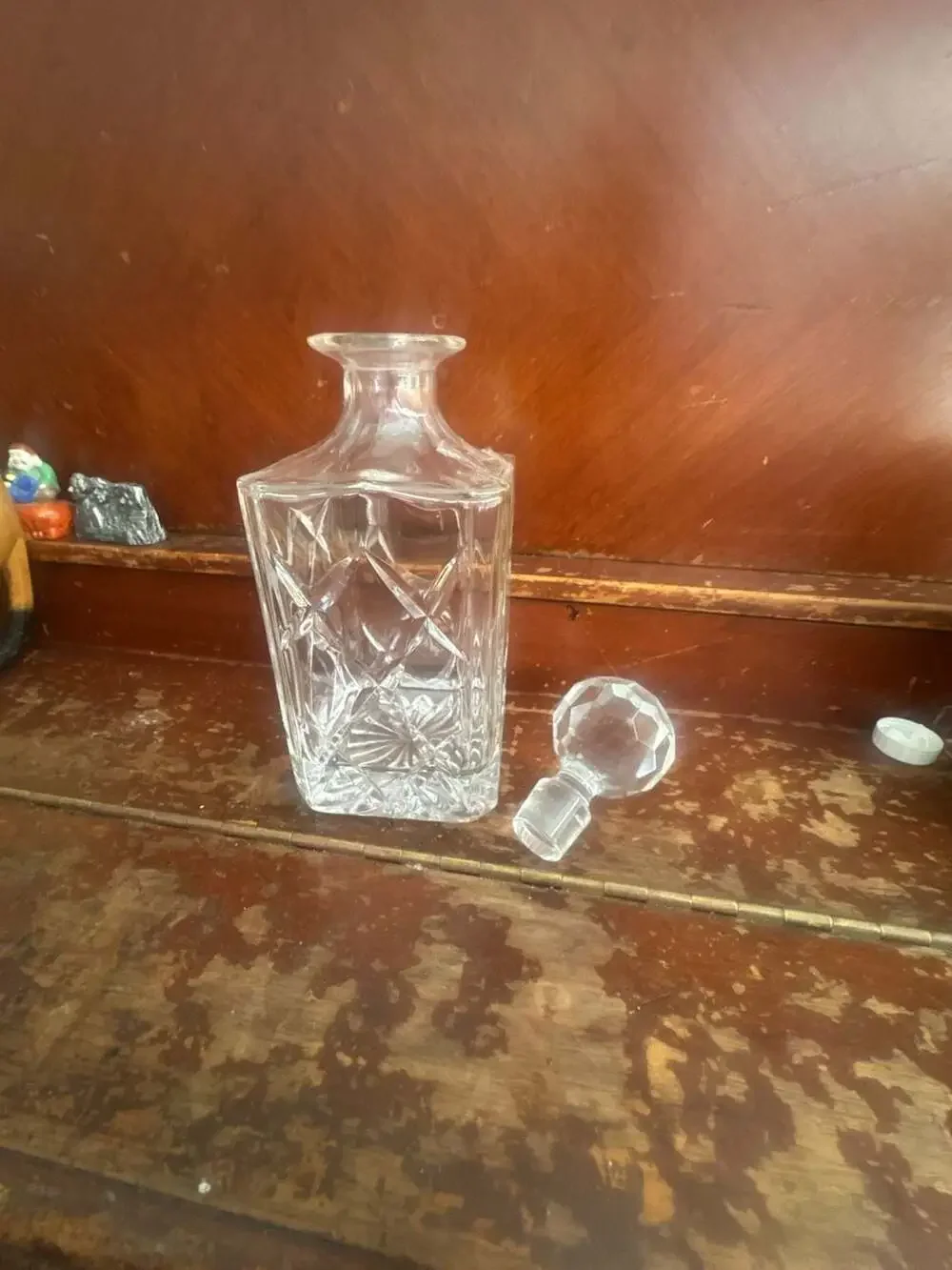 Vintage Square Cut Lead Crystal Whiskey Decanter with Faceted Stopper